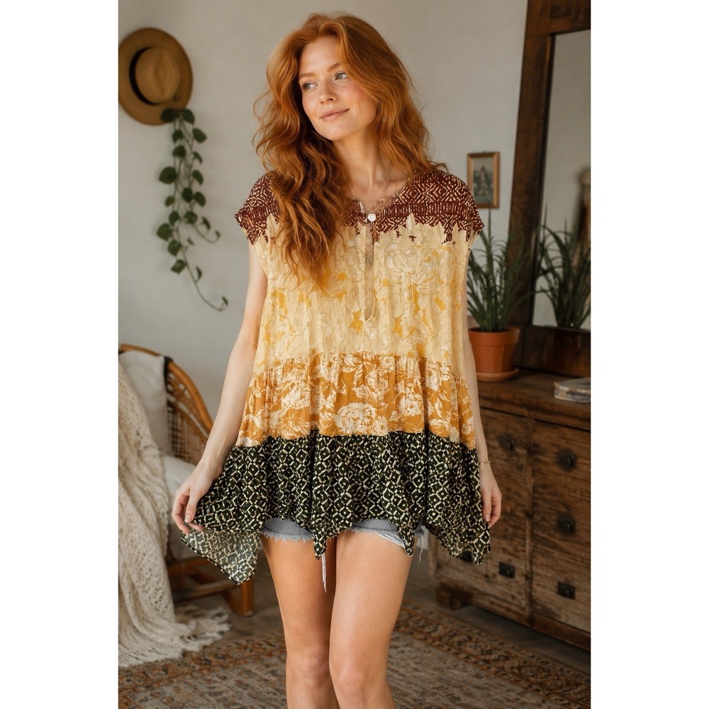 Free People Women's Boho Tunic Top Mini Dress Tiered Patchwork Floral S/P